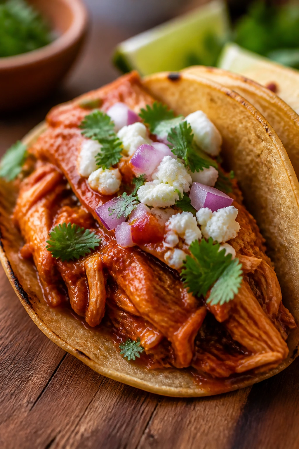 Close-up of chicken tinga taco with smoky sauce