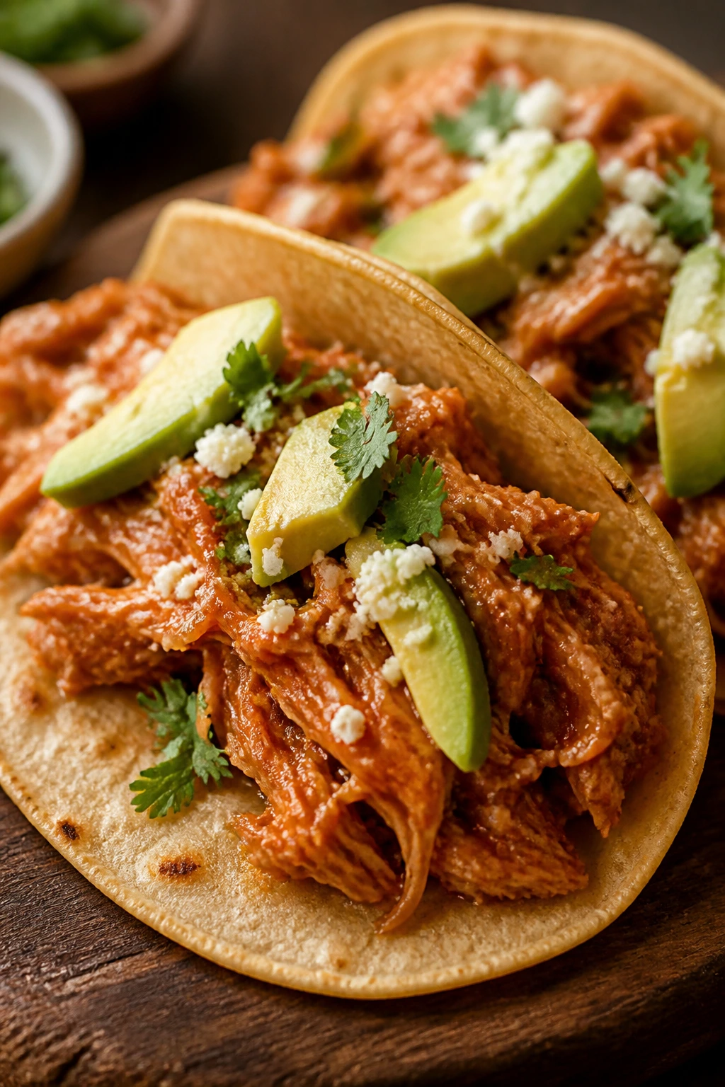 Close-up of chicken tinga tacos with smoky sauce on tortillas