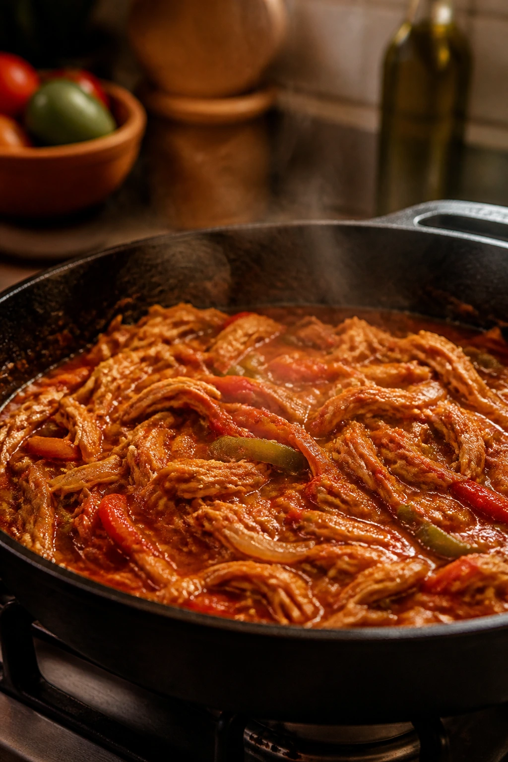 Close-up of smoky chicken tinga in a skillet for weeknight Mexican dinner