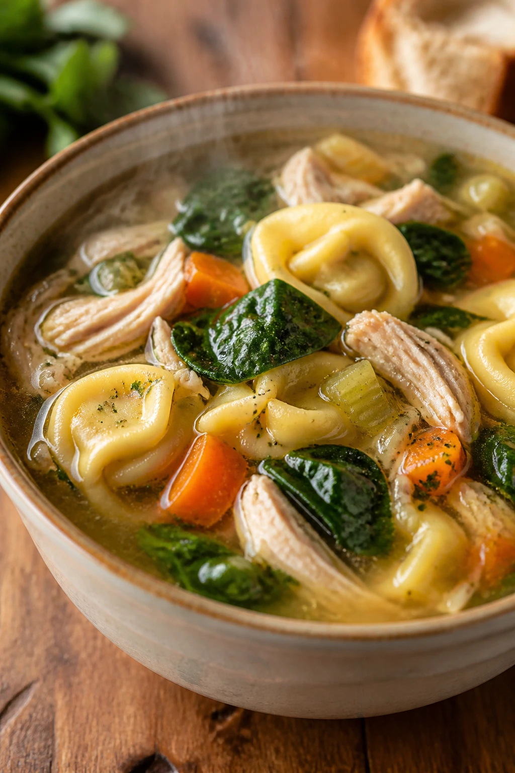 Close-up of chicken tortellini soup with vegetables in a bowl