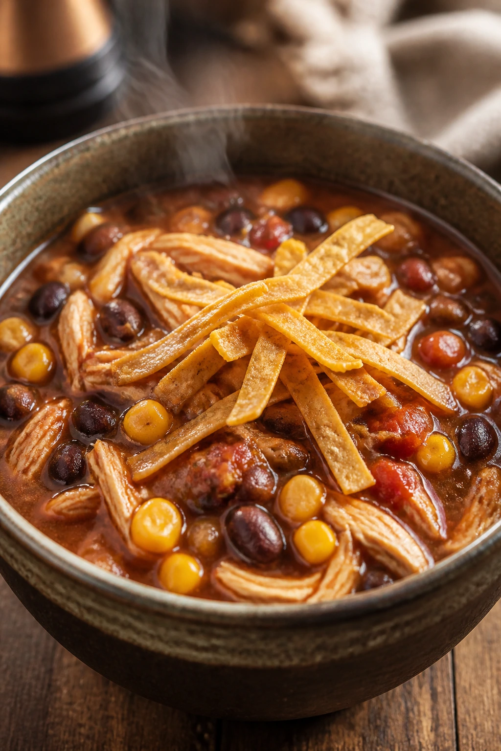 Close-up of Chicken Tortilla Chili in a rustic bowl with tortilla strips on top