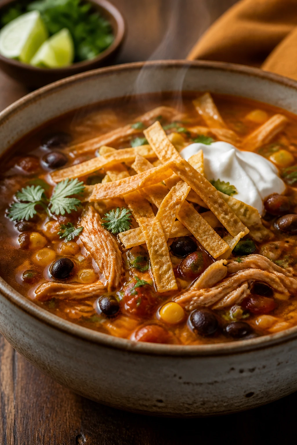 Steaming chicken tortilla soup with toppings in a rustic bowl
