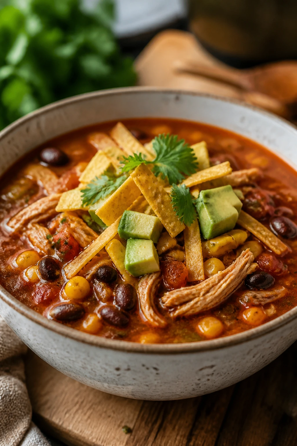 Close-up of chicken tortilla soup with tortilla strips