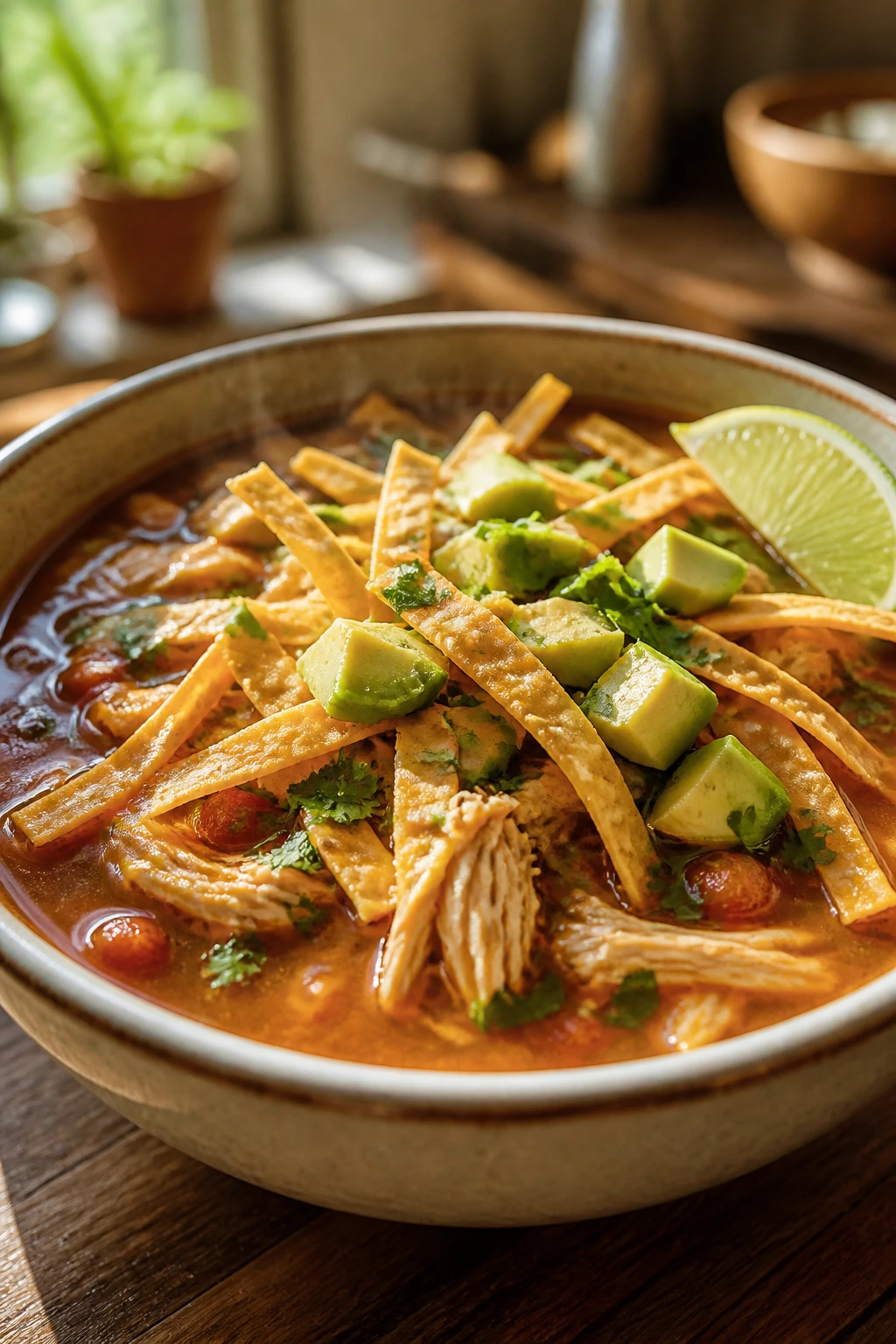 Close-up of a steaming bowl of chicken tortilla soup with tortilla strips and avocado