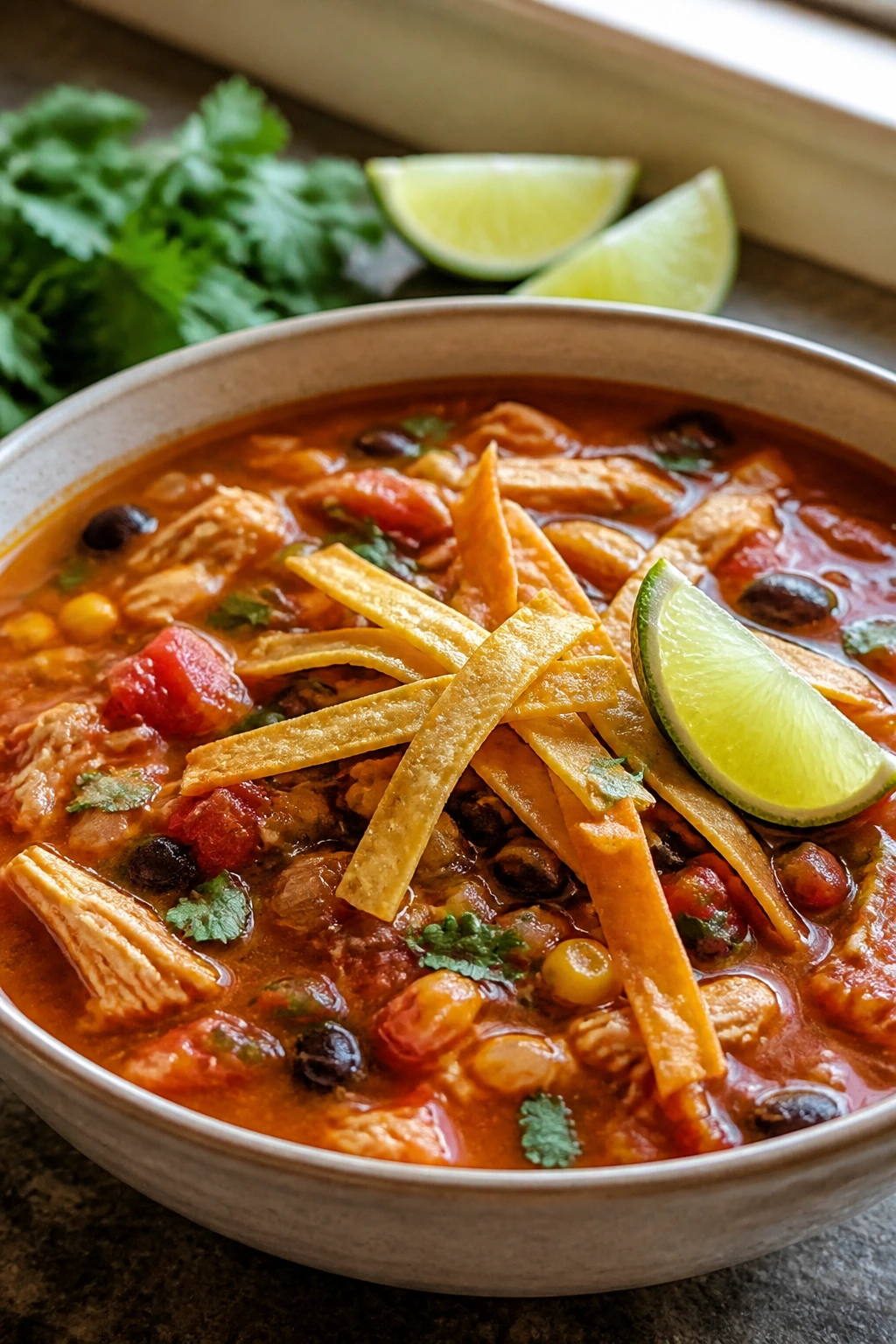 Close-up of a steaming bowl of chicken tortilla soup with tortilla strips in a cozy kitchen