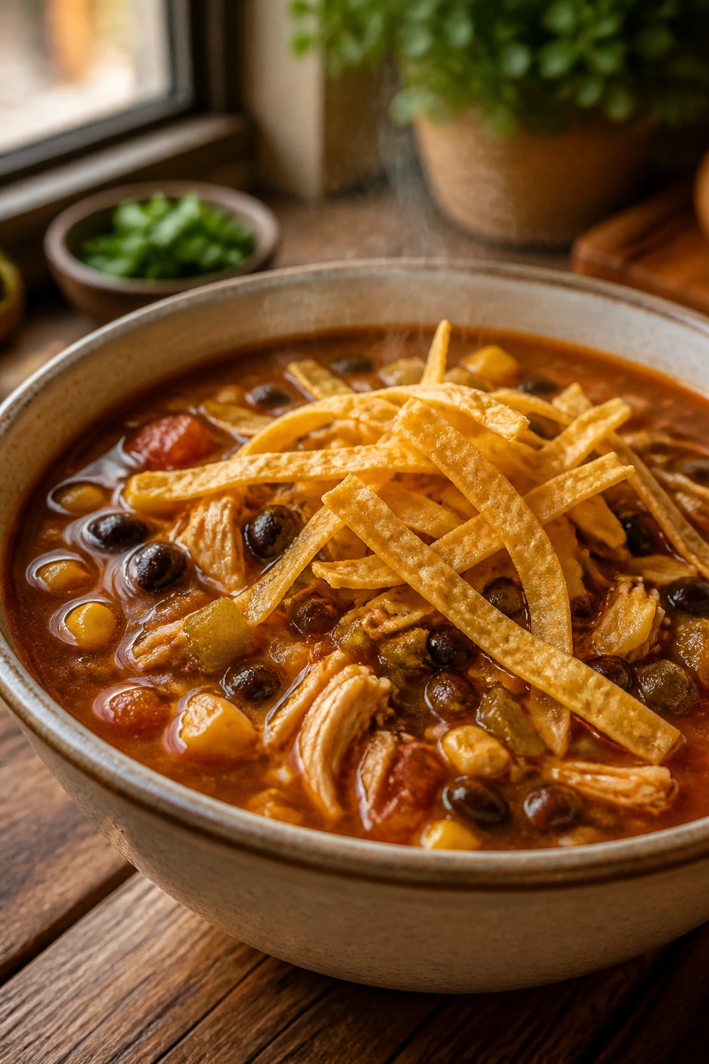 Close-up of a steaming bowl of chicken tortilla soup with tortilla strips