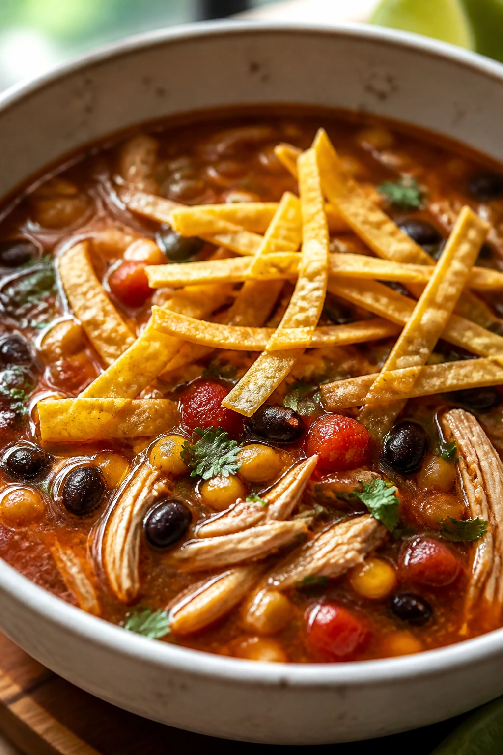 Close-up of chicken tortilla soup in a bowl with tortilla strips on top