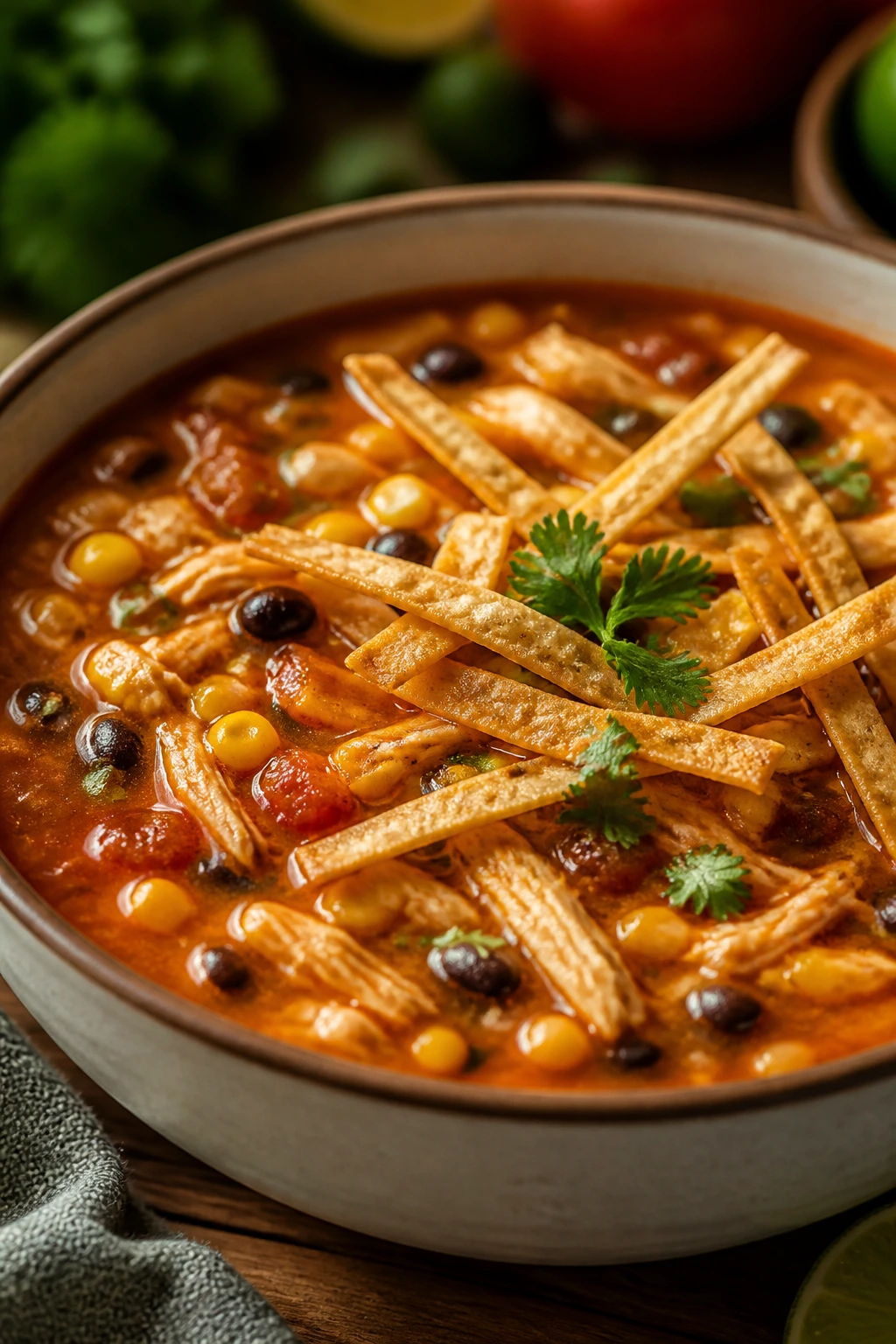 Steaming bowl of chicken tortilla soup with tortilla strips and toppings