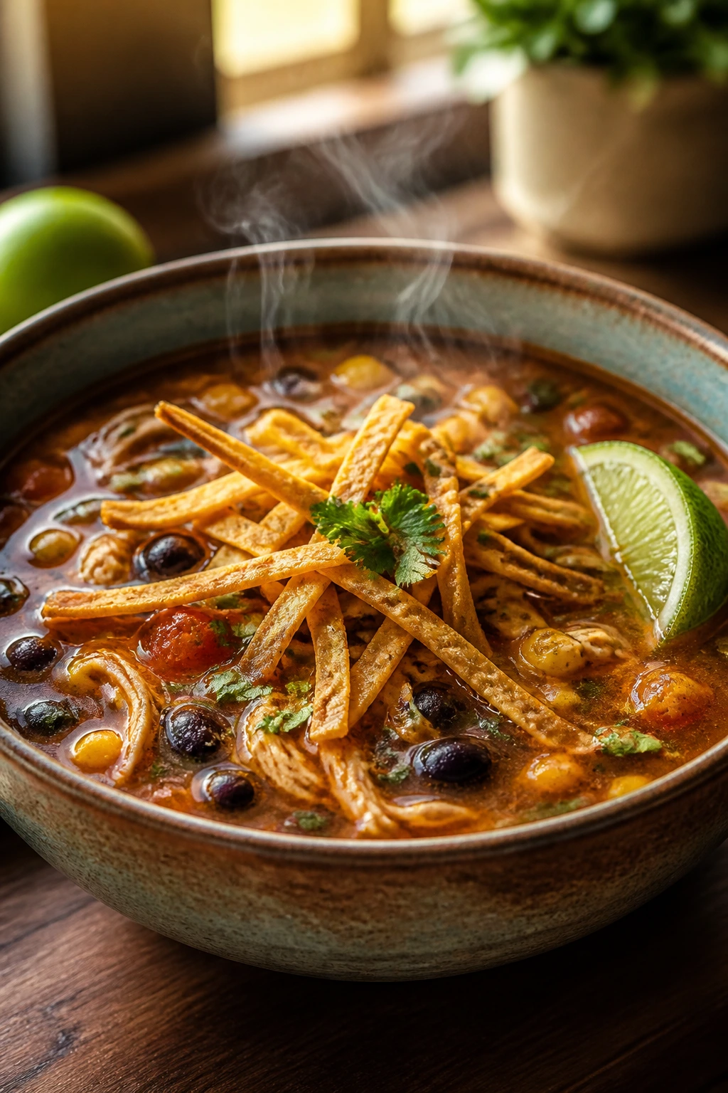 Close-up of chicken tortilla soup with toppings