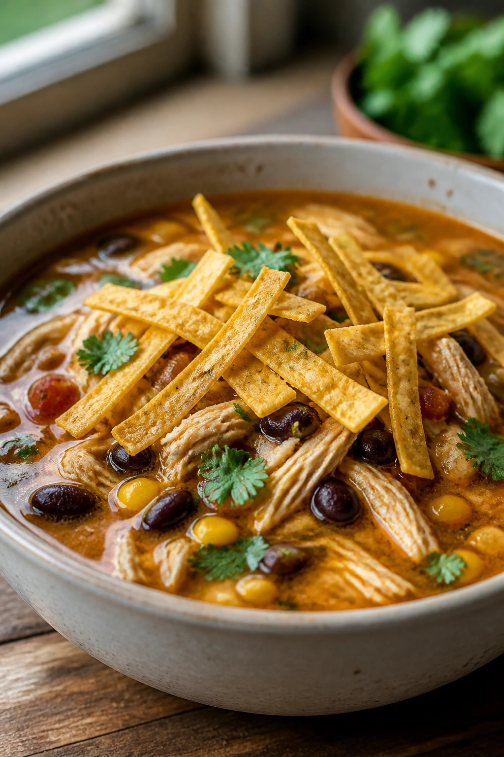 Close-up of a steaming bowl of chicken tortilla soup with tortilla strips