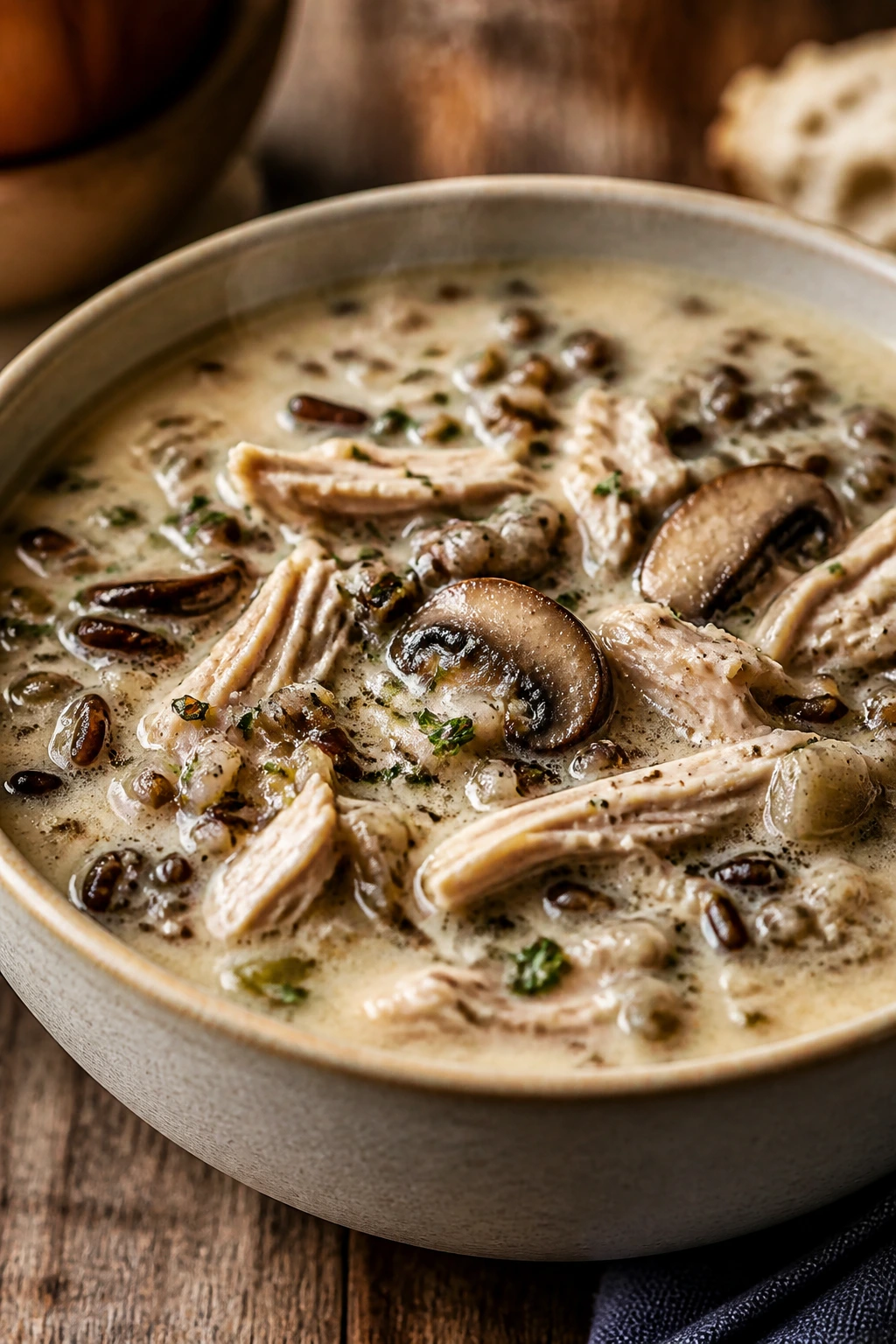 Close-up of a steaming bowl of creamy Chicken and Wild Rice Soup with Mushrooms on a rustic wooden table