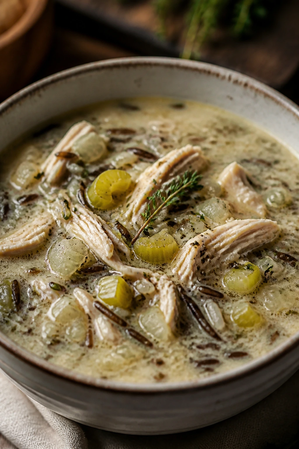 Close-up of chicken and wild rice soup featuring chicken, wild rice, and vegetables in a creamy broth.