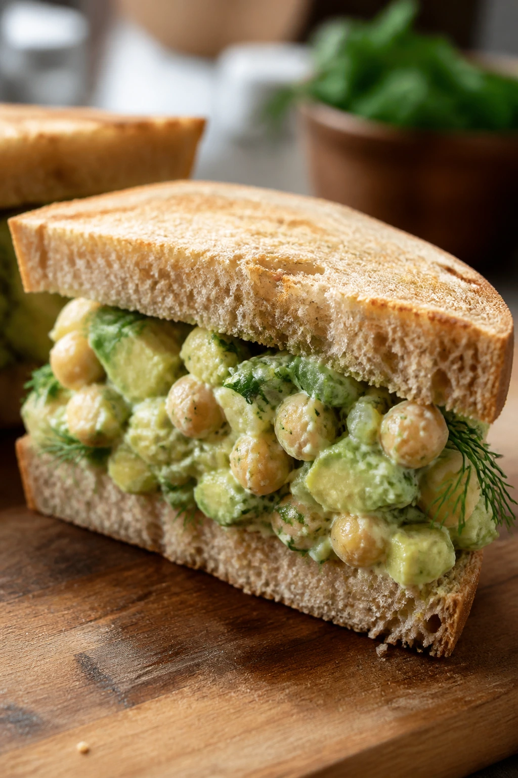 Close-up of chickpea avocado dill sandwich filling on bread