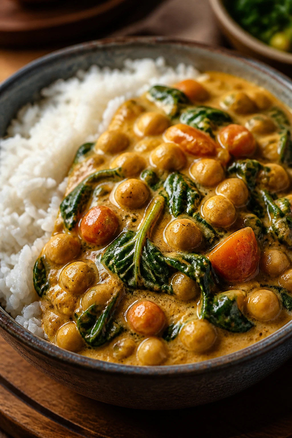Chickpea coconut curry in a bowl with rice