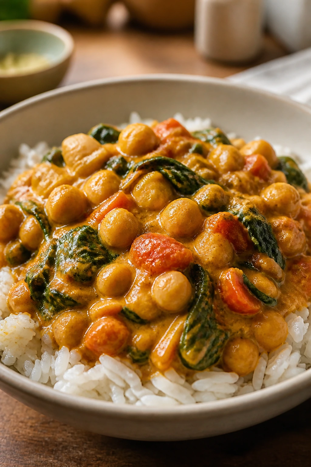 Bowl of chickpea coconut curry with rice and spinach.