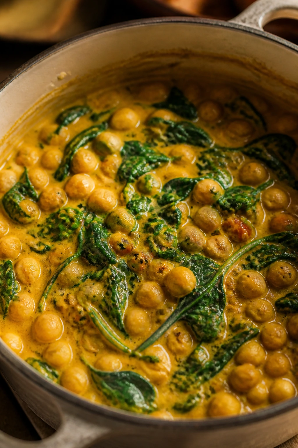 Creamy chickpea coconut curry with spinach in a rustic pot