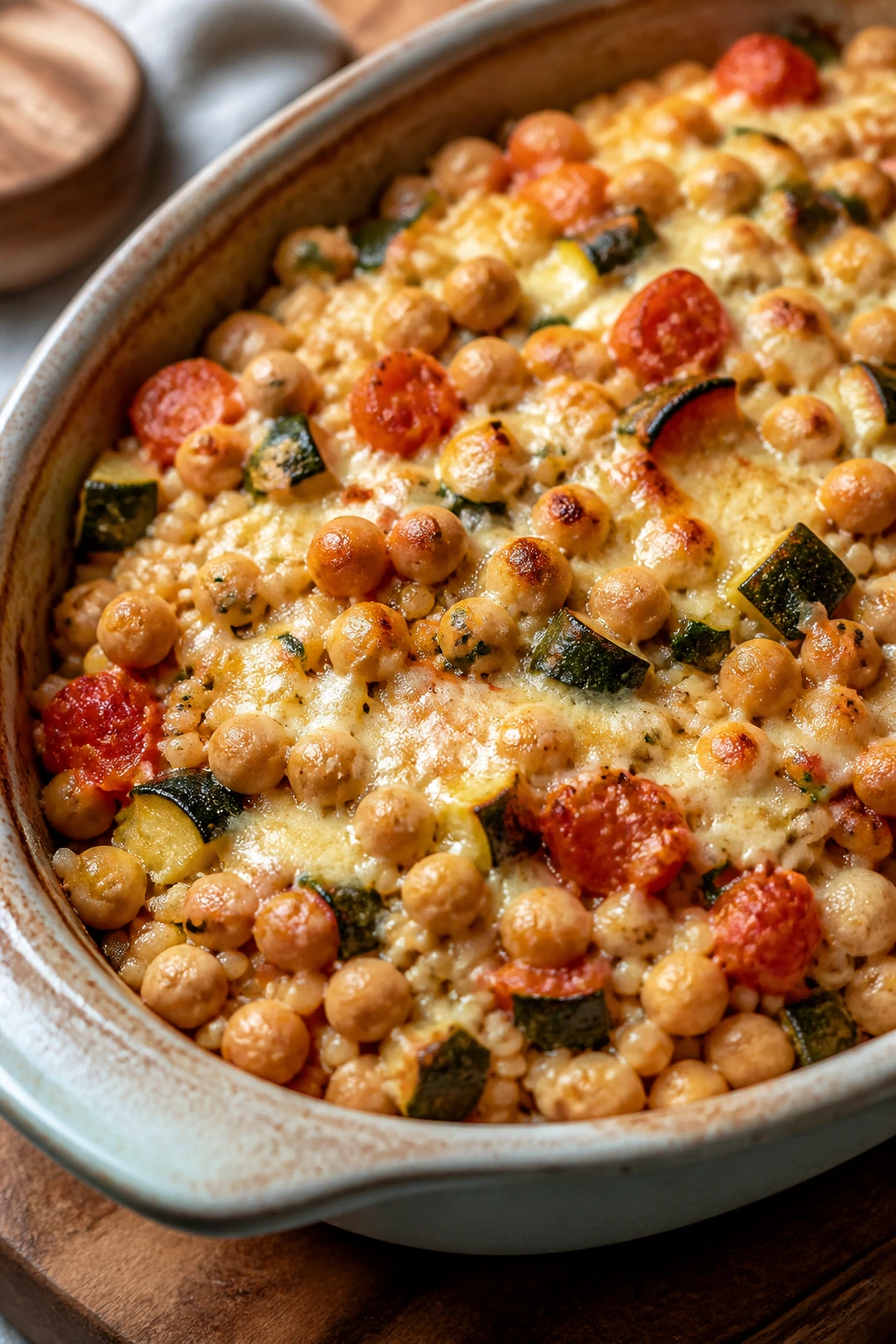 Mediterranean chickpea couscous bake in a dish