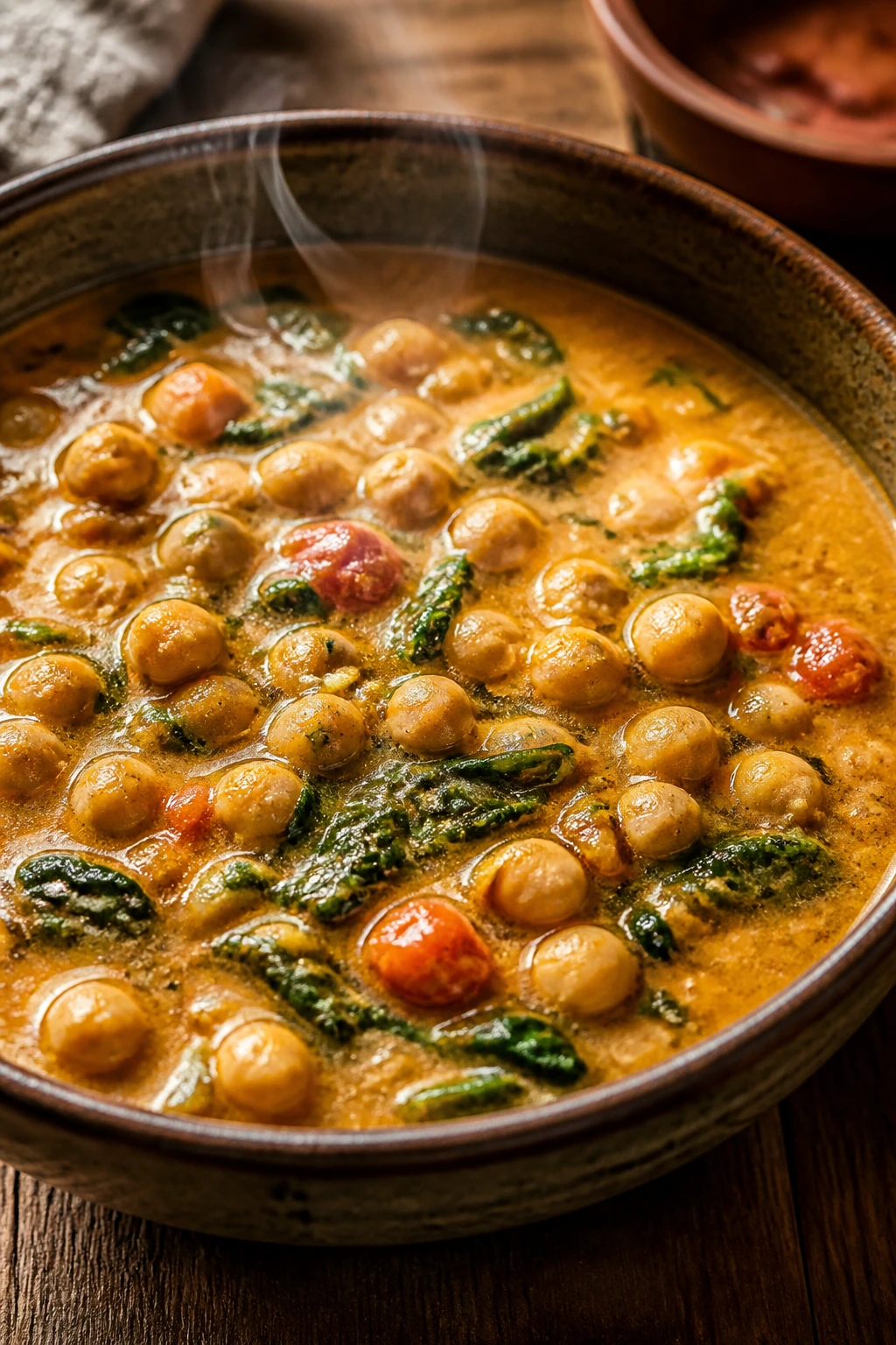 Chickpea coconut curry with spinach in a rustic bowl