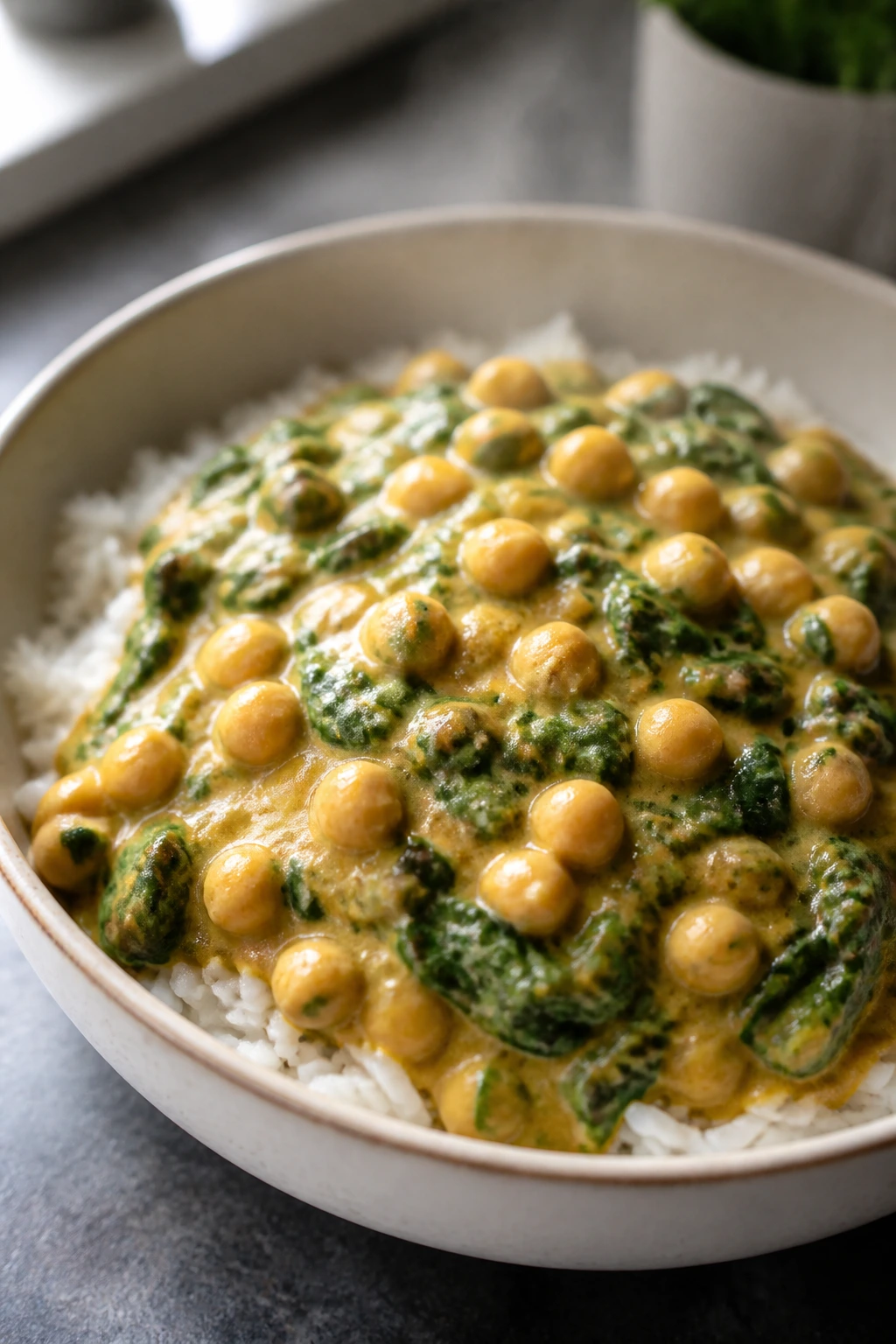 Bowl of chickpea coconut curry with spinach.