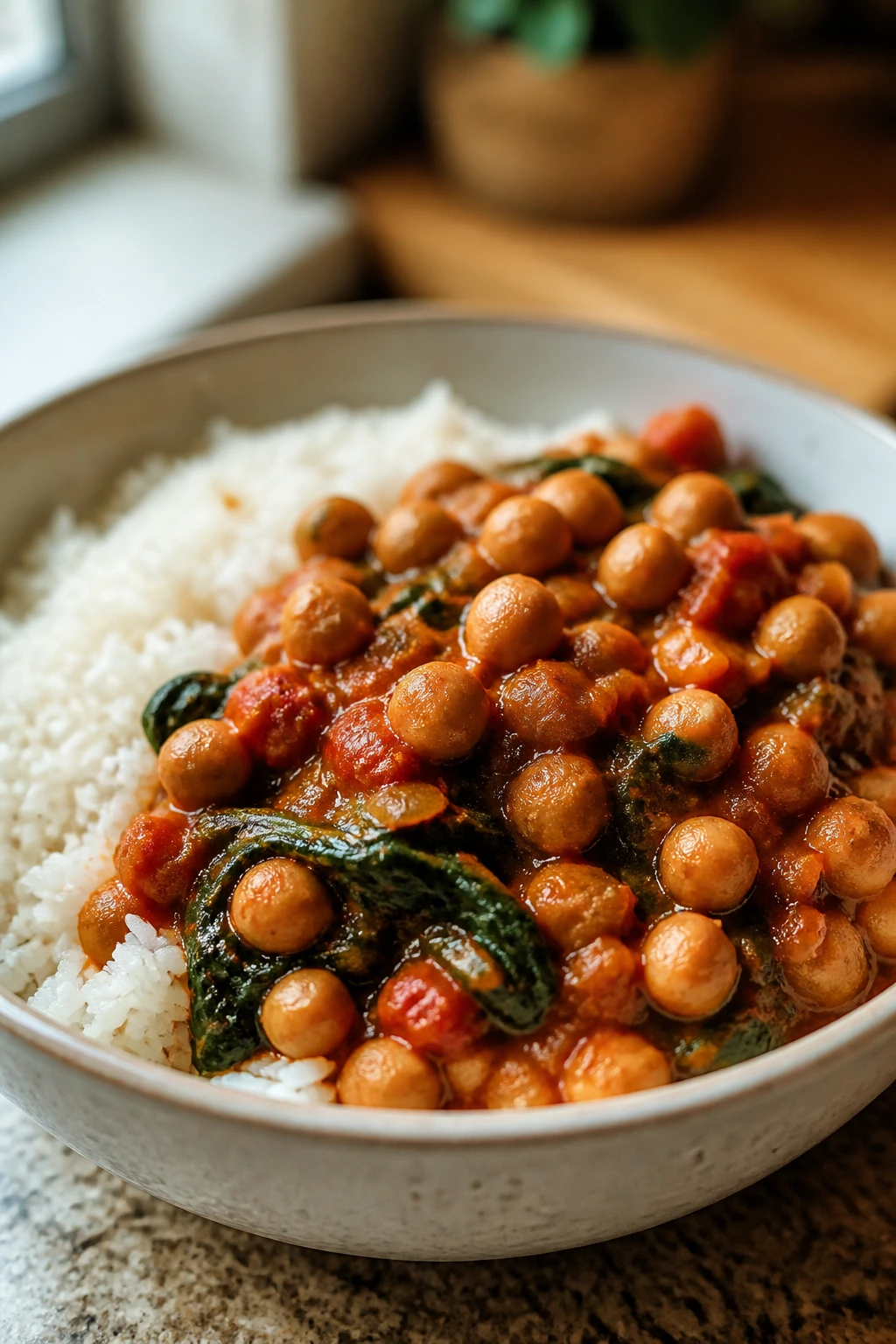 Steaming bowl of chickpea curry over white rice in a warm kitchen