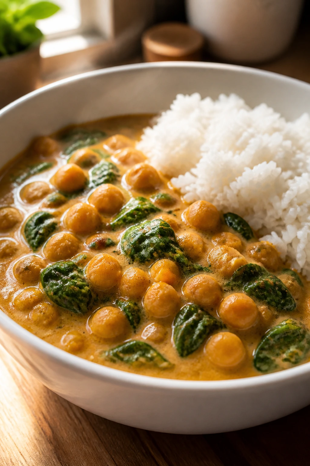 Close-up of creamy chickpea coconut curry with spinach and rice in a bowl