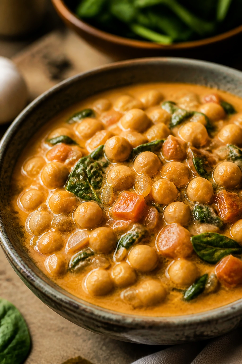 Bright chickpea coconut curry in a bowl with spinach at the edge.