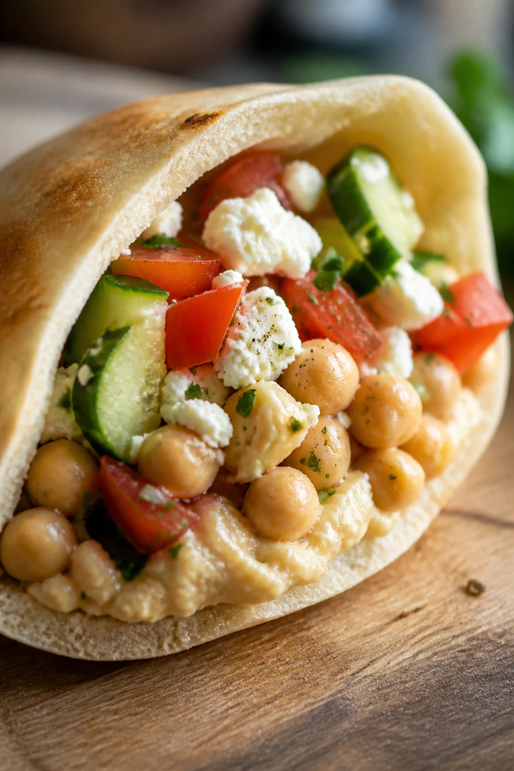 Close-up of a pita pocket filled with chickpeas, cucumber, tomato, feta and hummus