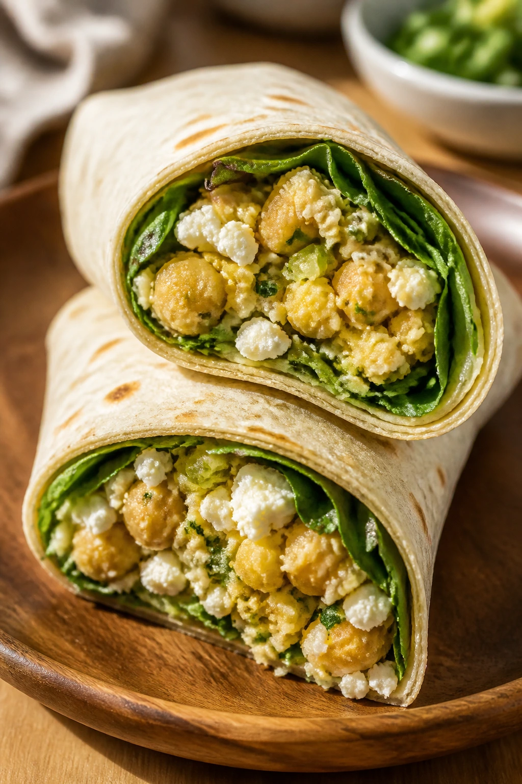 Close-up of a chickpea salad wrap cut to reveal filling with feta and greens