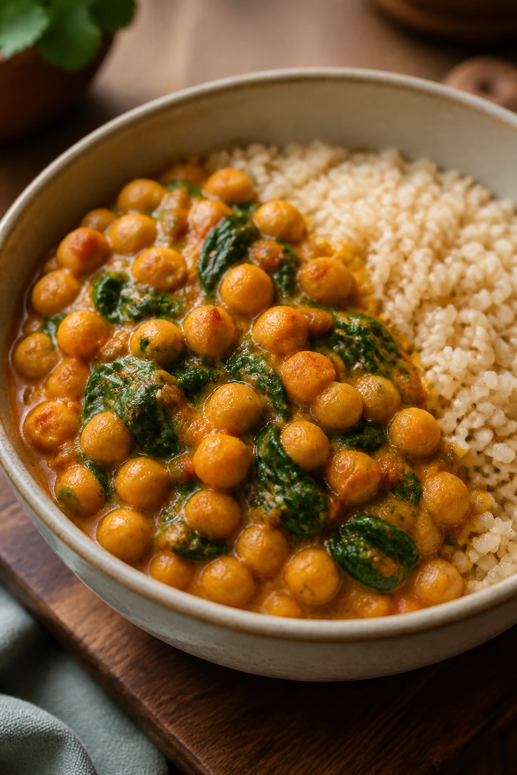 Chickpea spinach curry in a bowl with brown rice