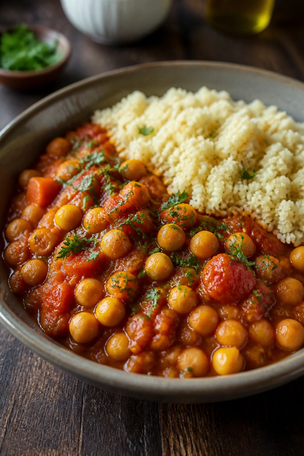 Close-up of chickpea and tomato stew with couscous.