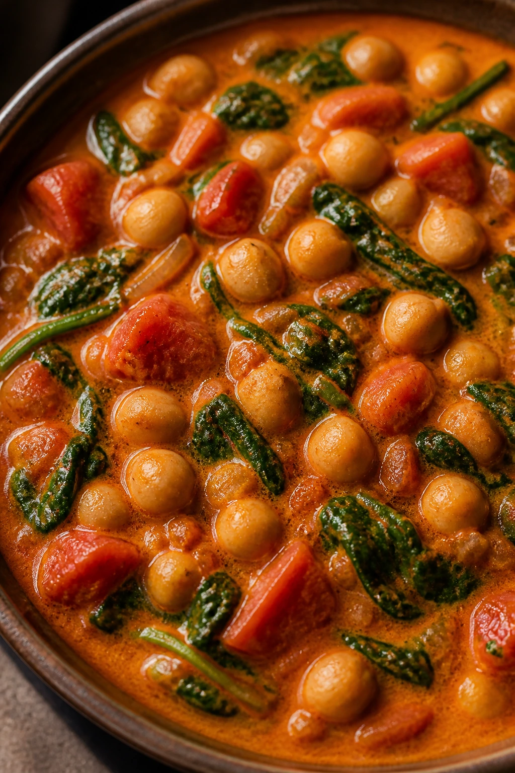 Close-up of chickpeas tomato spinach in coconut curry