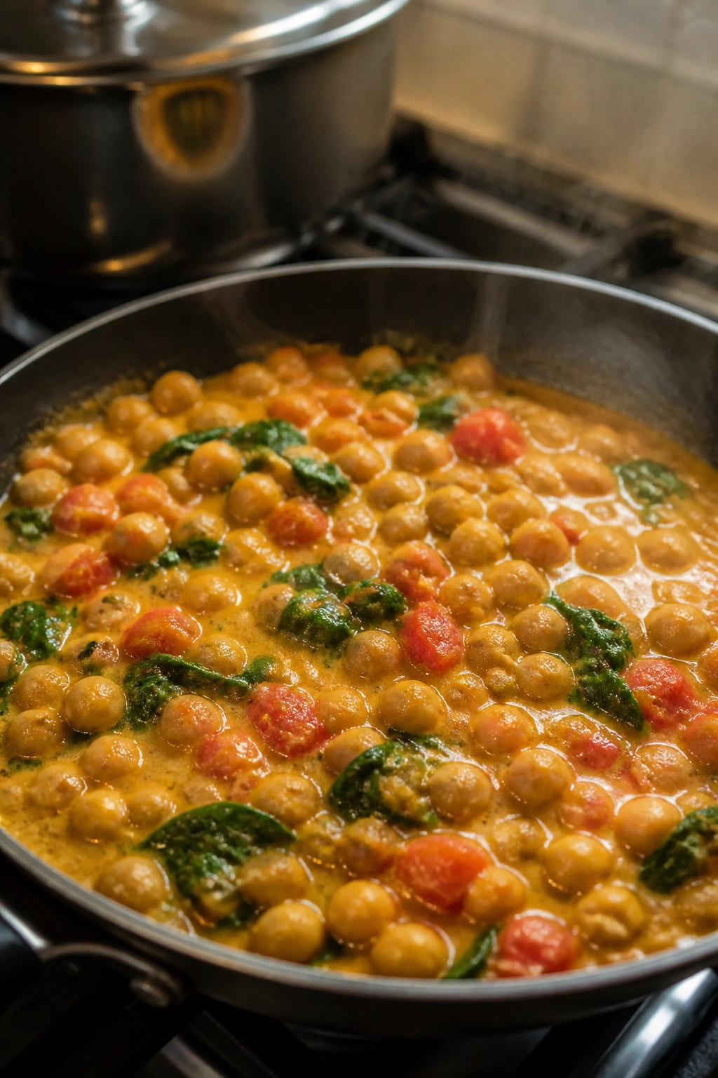 Close-up of chickpeas in coconut curry with spinach in a skillet