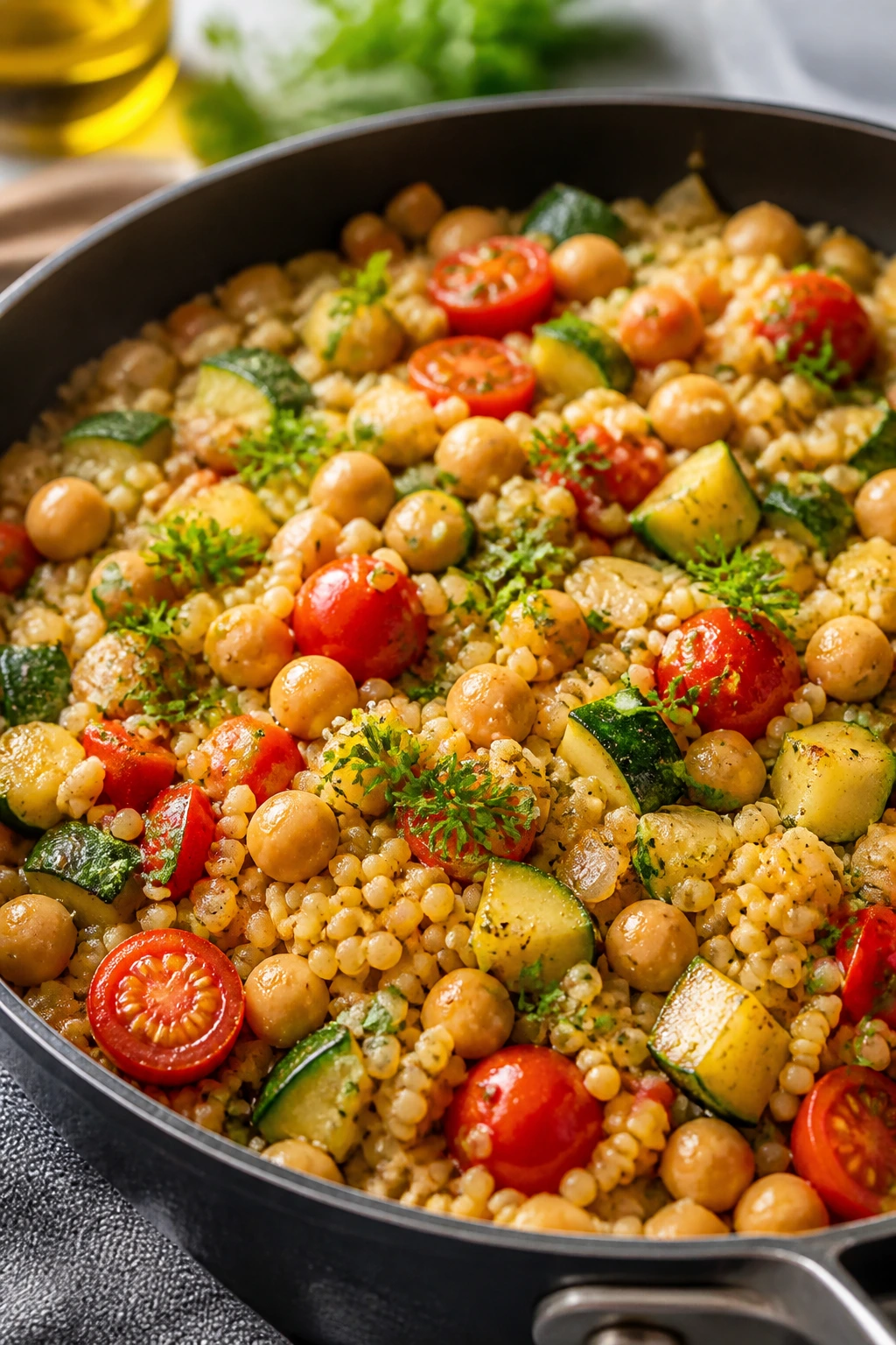 Skillet with chickpeas and couscous in Mediterranean style