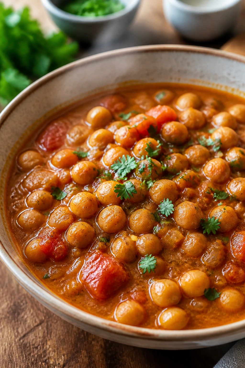 Close-up of chickpea tomato curry in a bowl