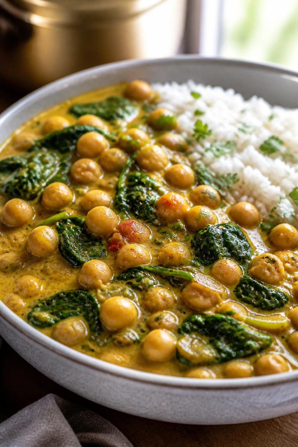 Close-up of chickpeas and spinach in creamy coconut curry in a bowl