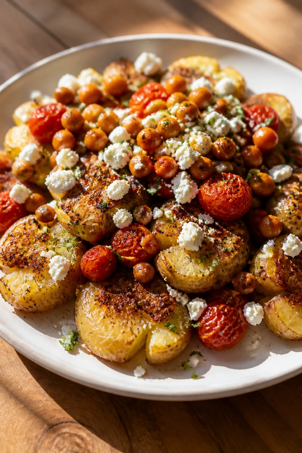 Close-up of chickpeas, feta, and tomatoes on smashed potatoes