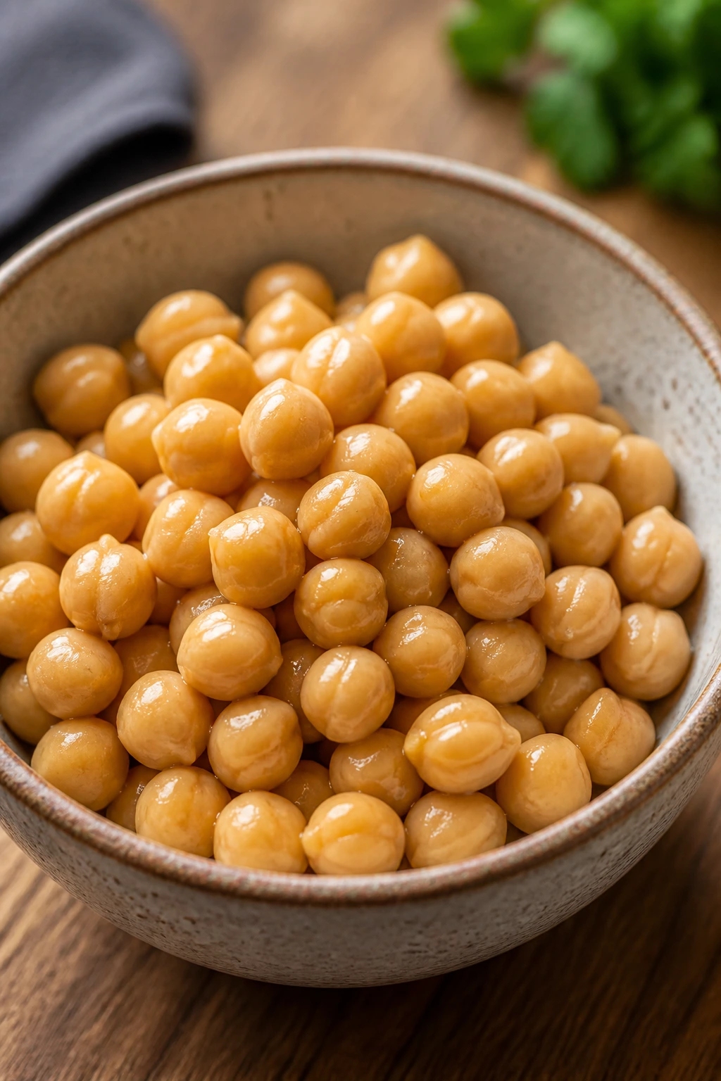 Close-up of glossy chickpeas in a bowl on a wooden table