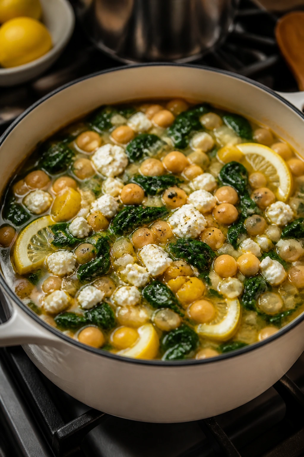 Chickpea and spinach stew with feta in pot