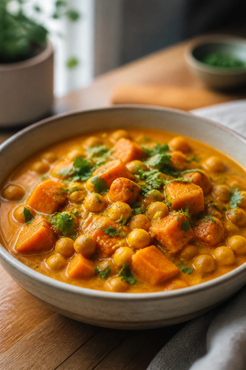 Close-up of chickpeas and sweet potato in coconut curry filling a bowl