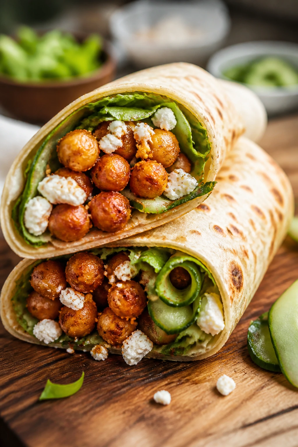 Close-up of smoked paprika chickpea wraps with feta and fresh vegetables on a wooden board.