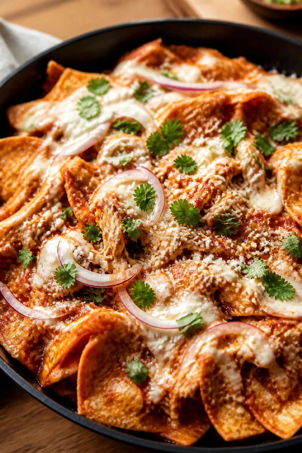 Chilaquiles with rotisserie chicken and melted cheese