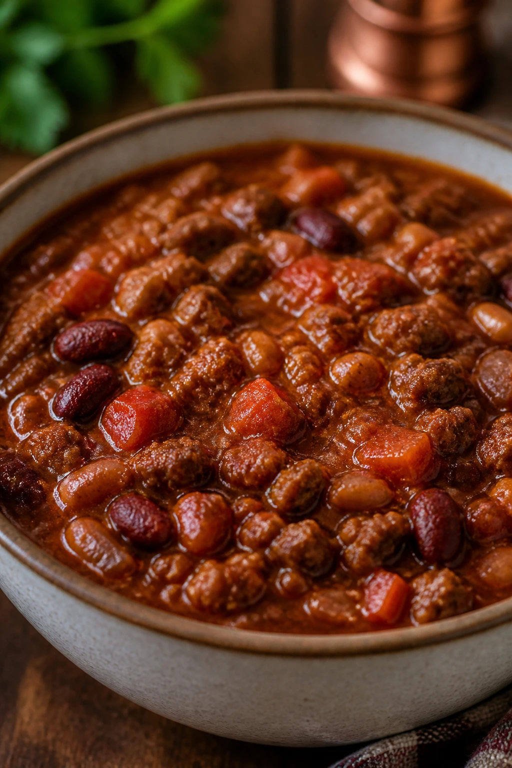 Bowl of chili filling the frame with chunky ingredients