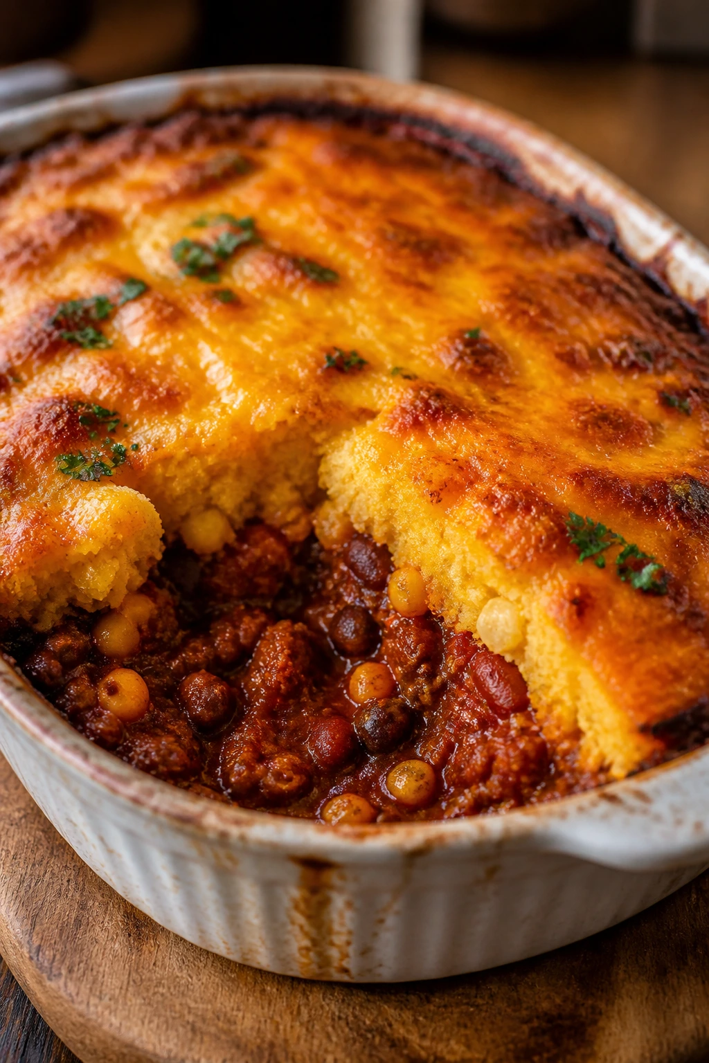 Close-up of chili cornbread casserole with a browned top in a cozy kitchen