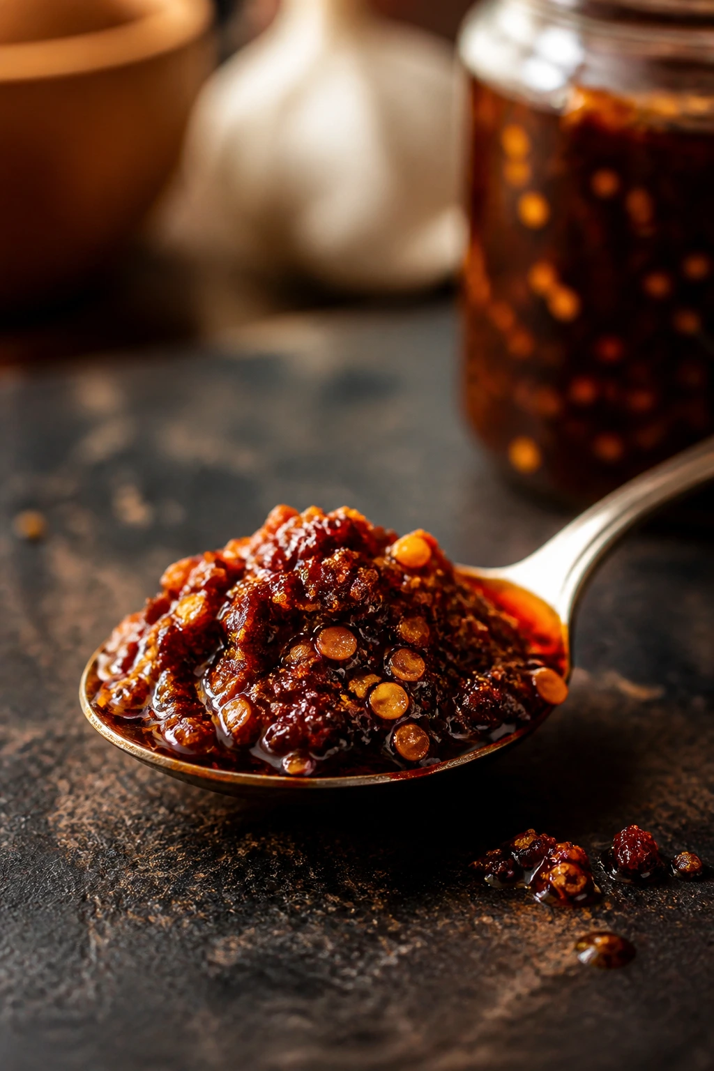 Macro shot of chili crisp spoonful for flavor boosters