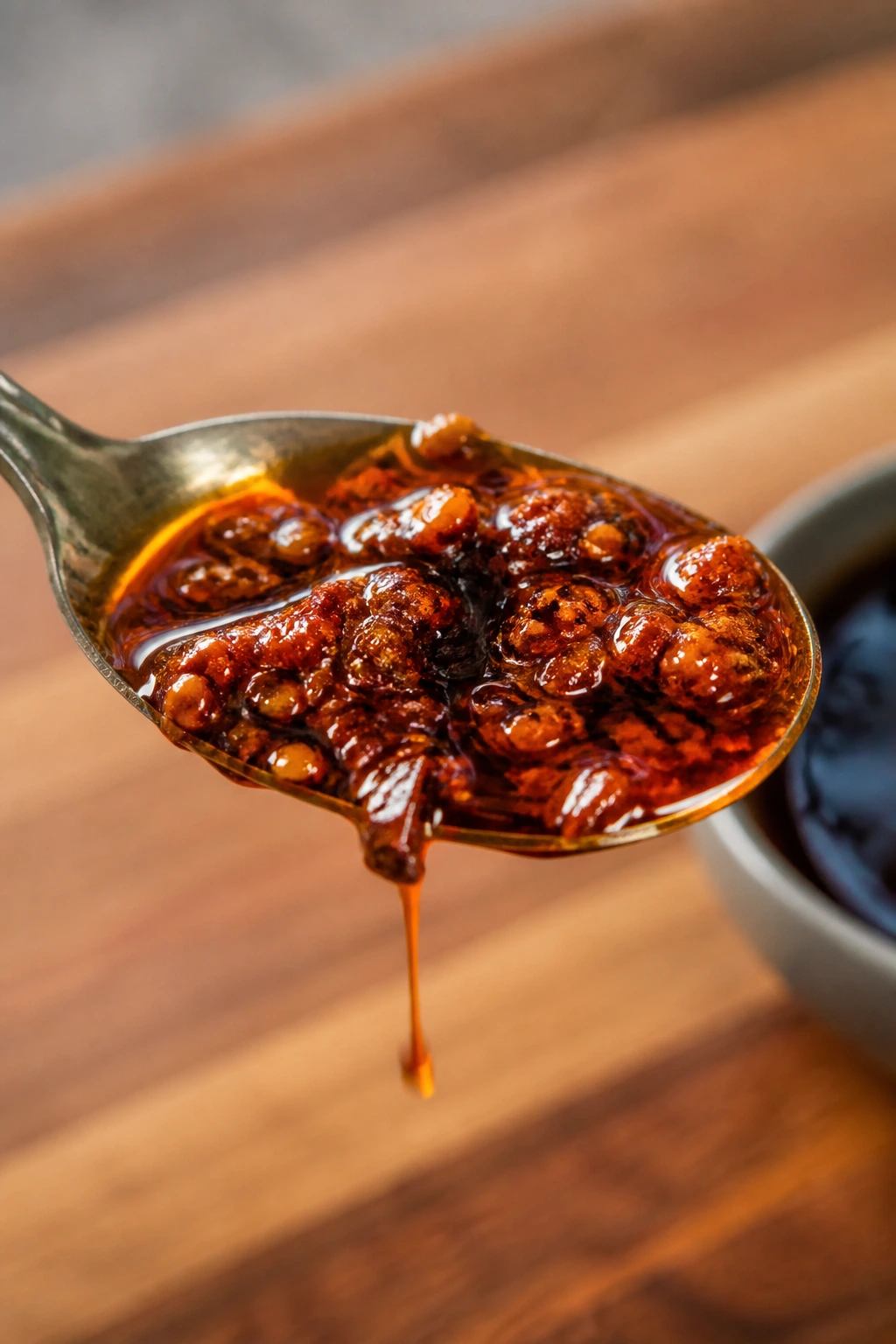 Spoonful of chili crisp showing red oil and chili flakes
