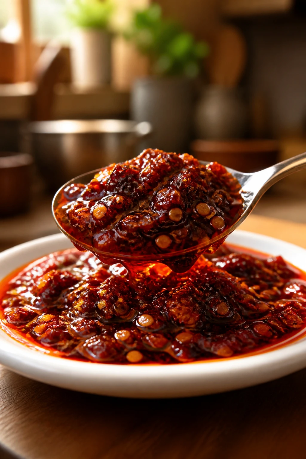Chili crisp on a small dish in a cozy kitchen