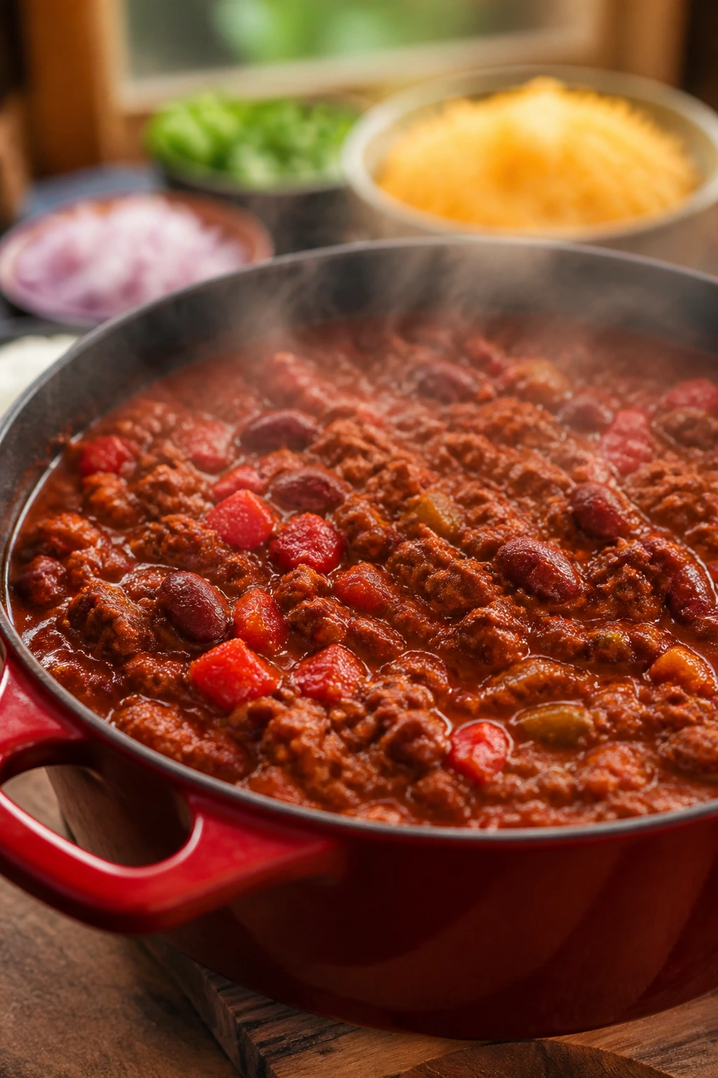 Large pot of chili on kitchen counter with blurred background hints of game-day bowls