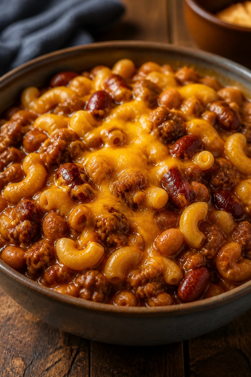 Close-up of chili mac with ground beef in a bowl