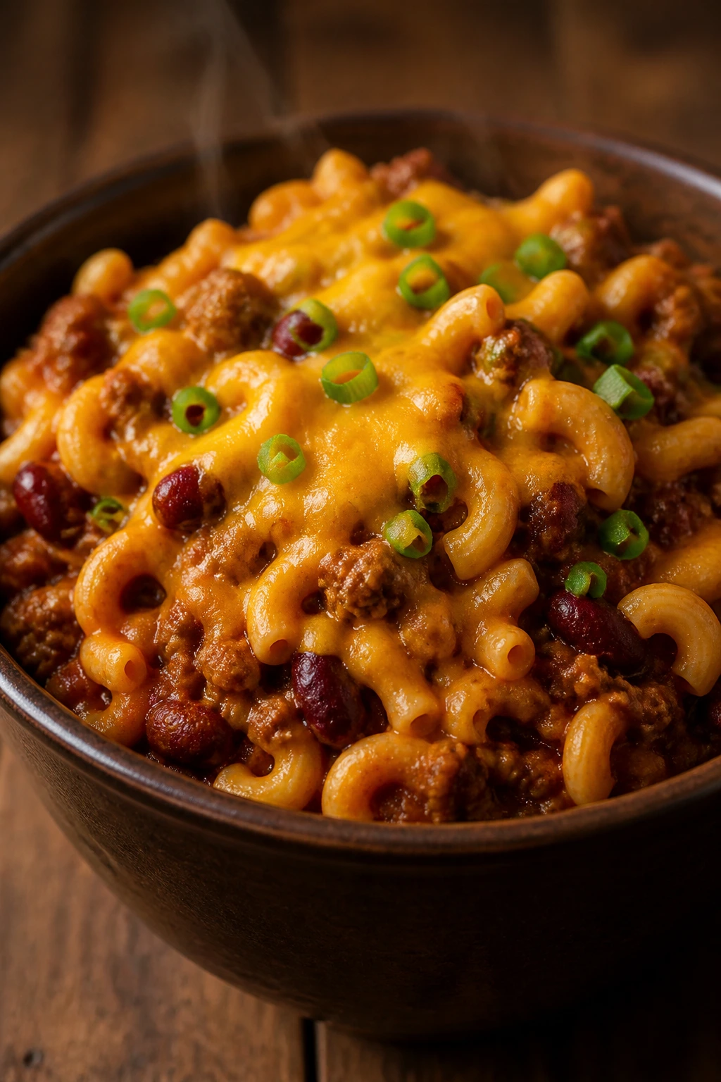 Close-up of chili mac with cheddar and green onions in a rustic bowl