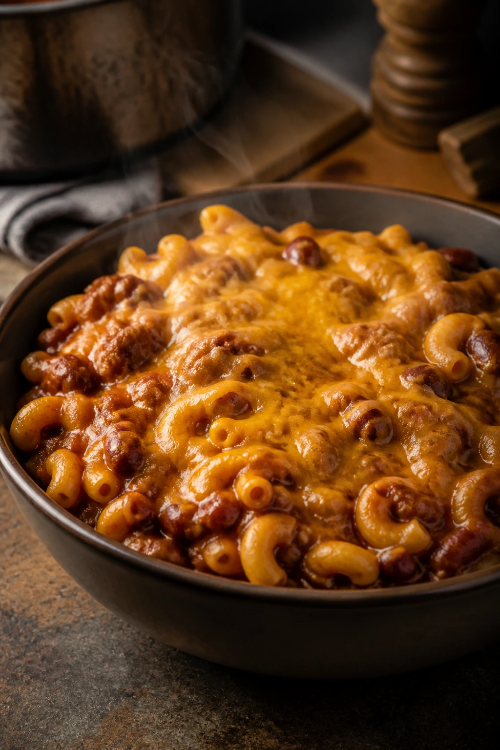 Close-up of chili mac in a bowl with melted cheddar